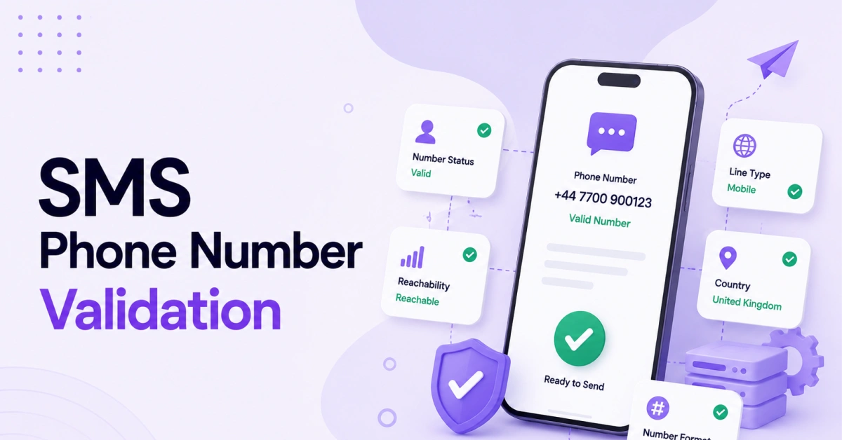 SMS phone number validation showing number status, reachability, mobile line type, country, and valid phone number ready for SMS