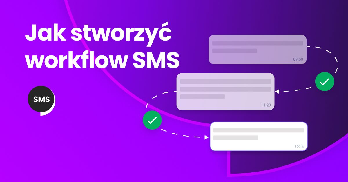 Ilustracja przepływu pracy SMS z ikonami wiadomości, wykresami i automatyzacją.