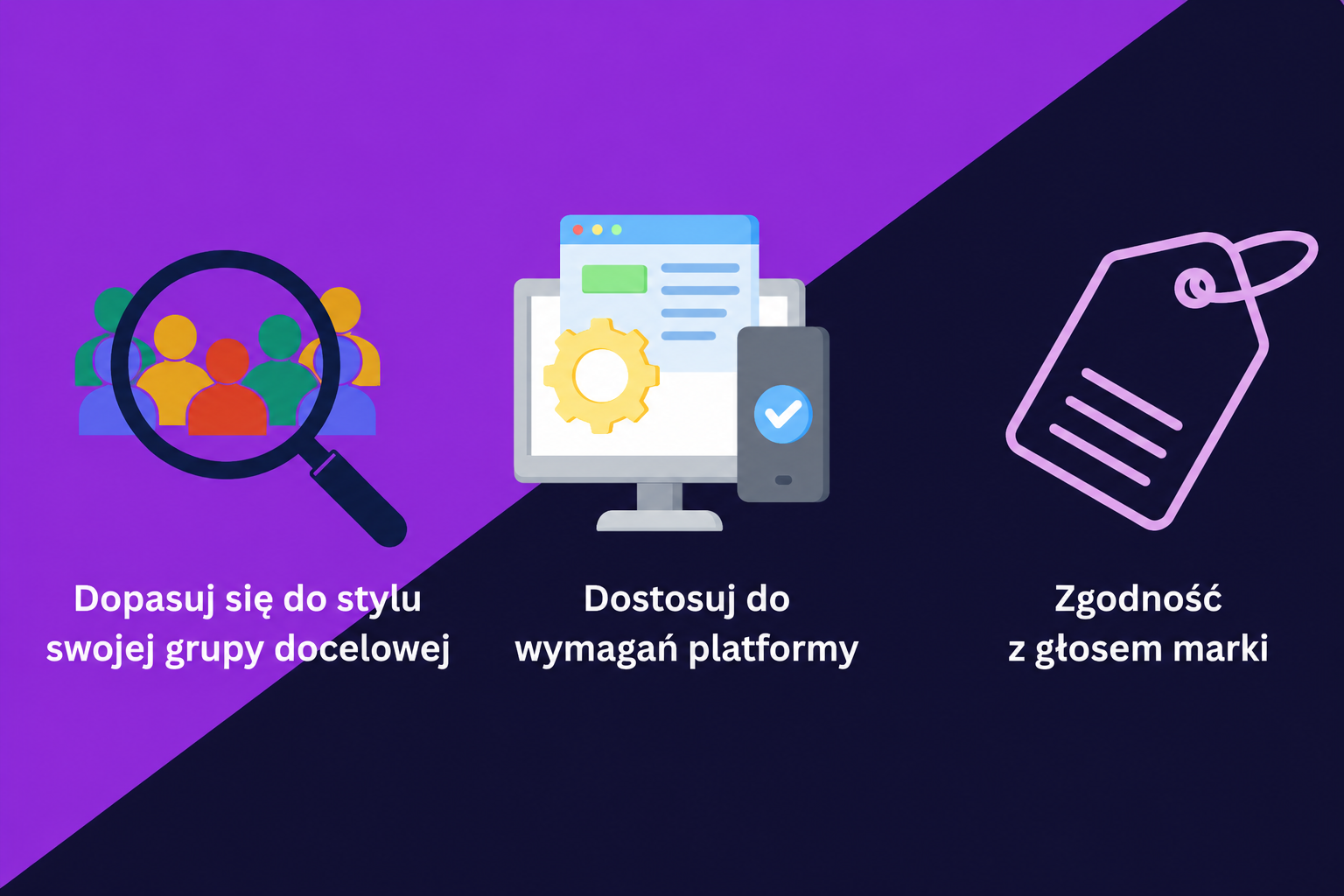 Wizualizacja prezentująca 3 najważniejsze wskazówki dotyczące korzystania z emotikonów w marketingu: dopasowanie się do stylu odbiorców, dostosowanie przekazu do platformy i spójność z głosem marki.
