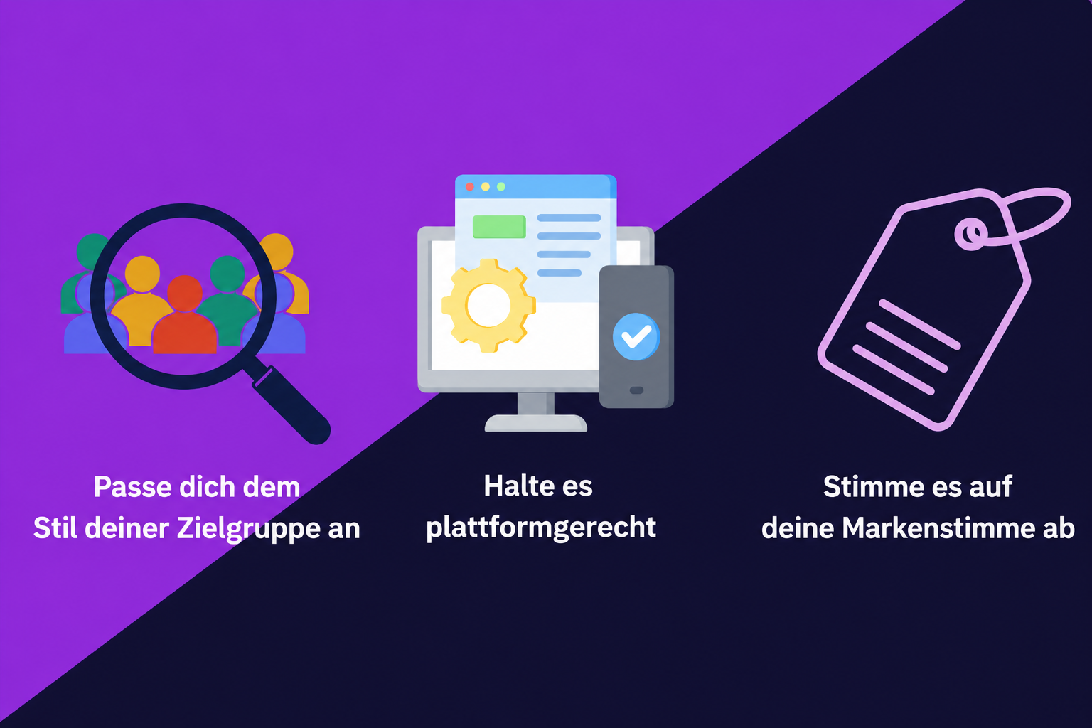 Eine Grafik mit 3 wichtigen Tipps zur Verwendung von Emojis im Marketing: Den Stil der Zielgruppe berücksichtigen, plattformgerecht sein und mit der Markenstimme übereinstimmen.