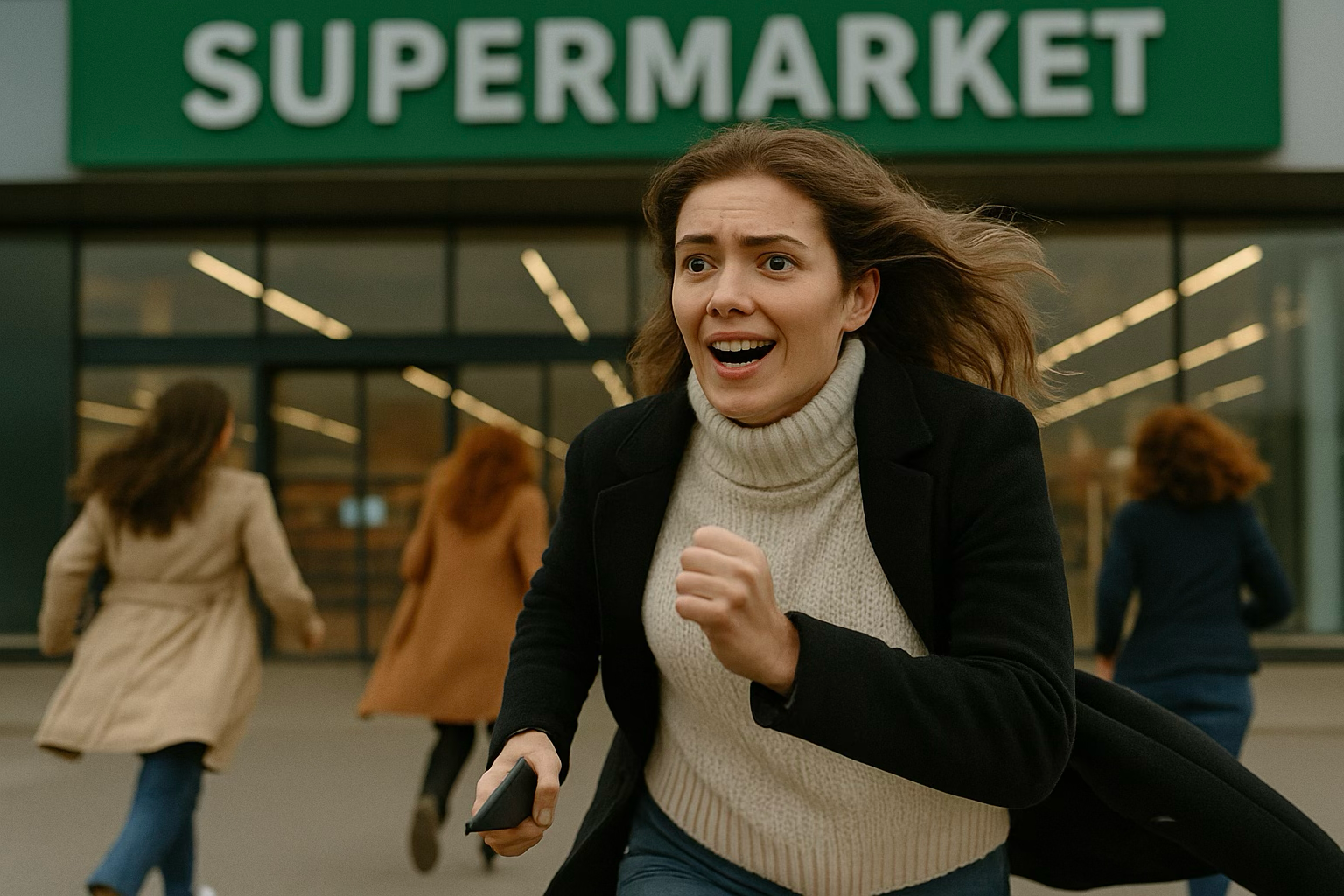 Un'immagine di diverse donne emozionate che corrono verso un supermercato per partecipare all'evento di sconto