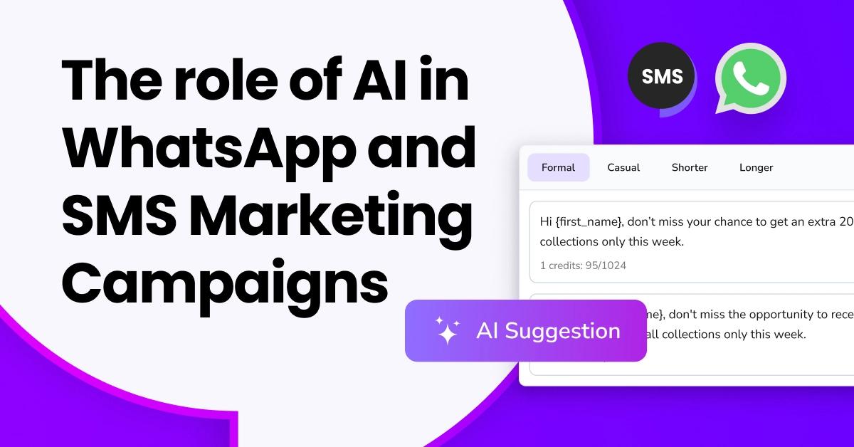 Illustration of a robot under the heading “How AI Can Improve Your WhatsApp and SMS Marketing Campaigns,” representing the use of AI for SMS and WhatsApp marketing