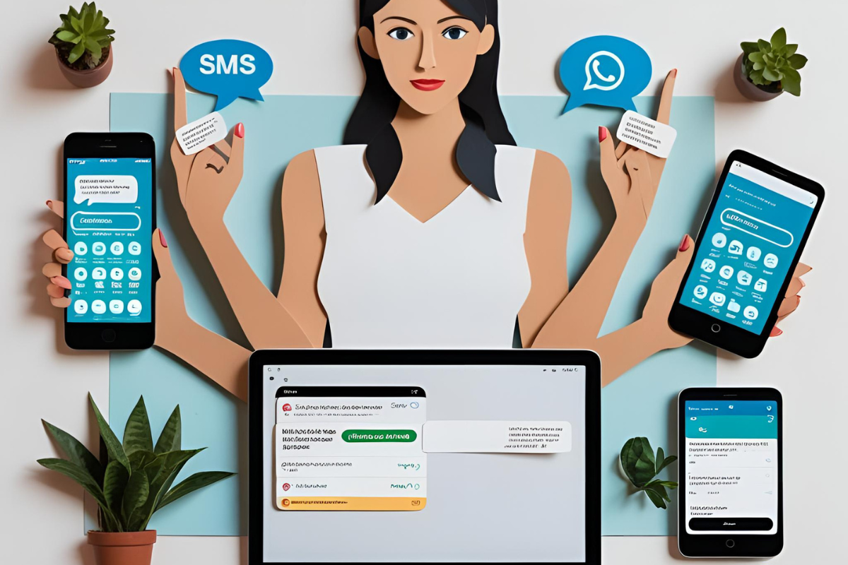 Een afbeelding van een jonge vrouw die tegelijkertijd marketingcampagnes maakt op meerdere apparaten.