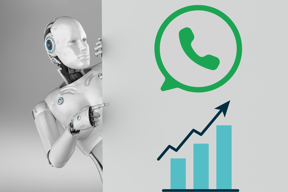 Roboter analysiert ein Wachstumsdiagramm und ein WhatsApp-Logo und visualisiert, wie KI für WhatsApp-Marketing verwendet werden kann, um die Kampagnenleistung zu steigern