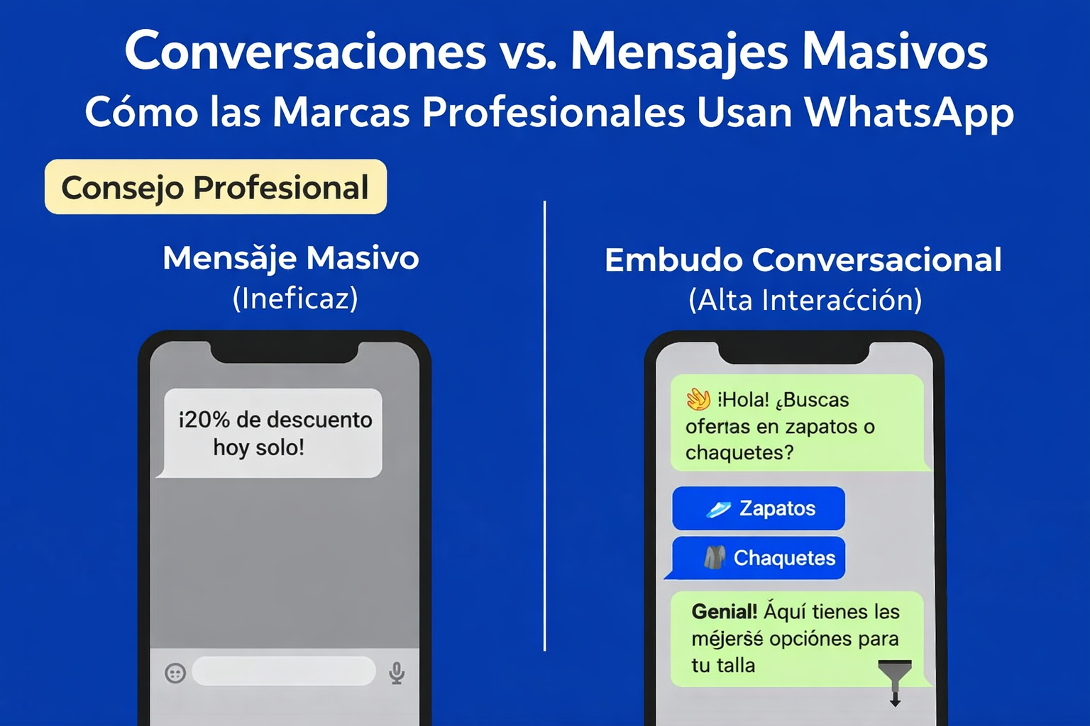 Gráfico comparativo que muestra el envío masivo de mensajes de WhatsApp ineficaz versus un embudo conversacional de alto engagement, destacando cómo las campañas de WhatsApp exitosas usan flujos de chat.