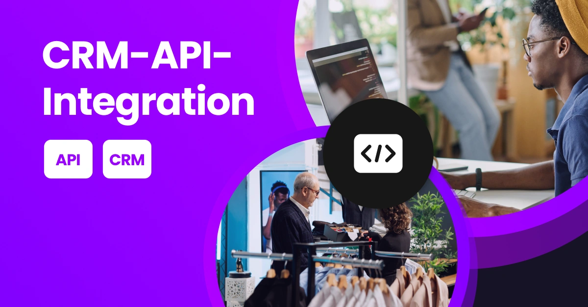 Eine Darstellung mit CRM- und API-Elementen sowie einer Person, die auf ihrer Tastatur tippt.