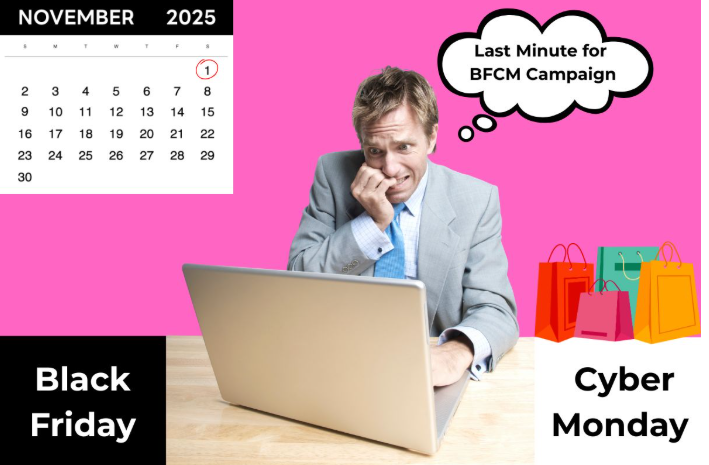 Worried man at laptop on November 1st thinking about last-minute BFCM marketing campaign, with Black Friday and Cyber Monday shopping bags.