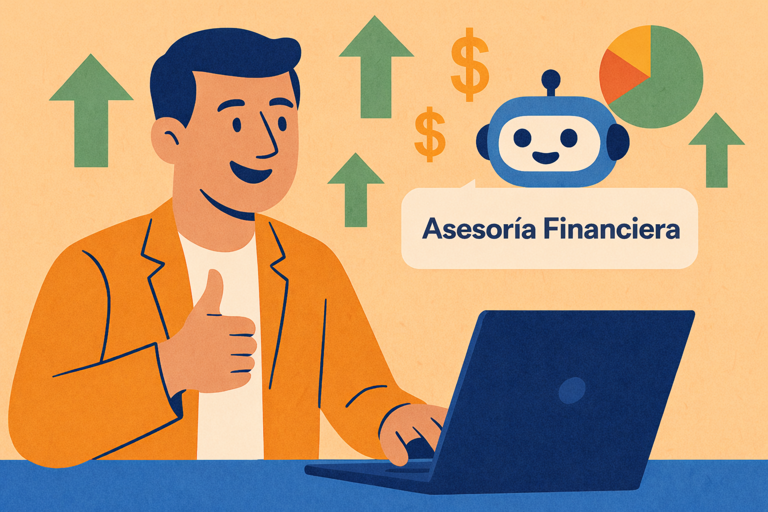 un hombre en su computadora portátil recibe orientación financiera de un chatbot