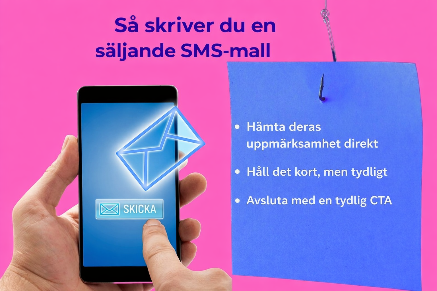 Steg för hur man skriver en SMS-säljmall visade på mobil- och anteckningsblocksgrafik
