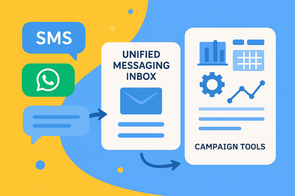 An image representing SMS and WhatsApp integration through a unified inbox and by using campaign tools.