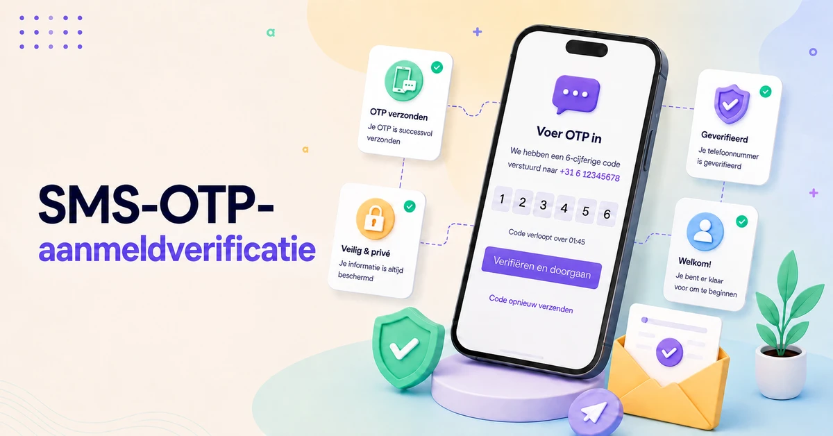 De verificatie-interface voor SMS OTP-aanmelding toont een mobiele telefoon waarop een eenmalig wachtwoord wordt ingevoerd, met pictogrammen voor veilige authenticatie, geverifieerd telefoonnummer en succesbevestiging.