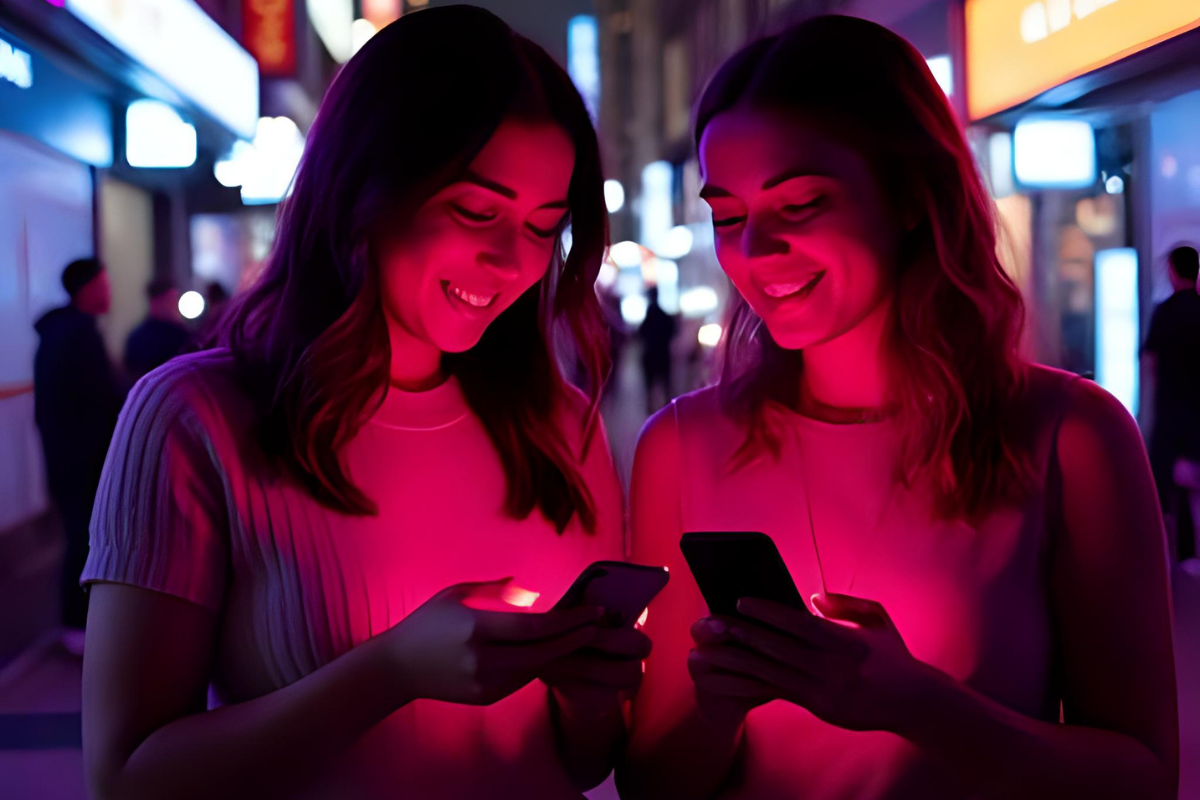 Dwóch przyjaciół w miejscu publicznym nocą, stoją obok siebie, patrzą w swoje telefony komórkowe i się uśmiechają.