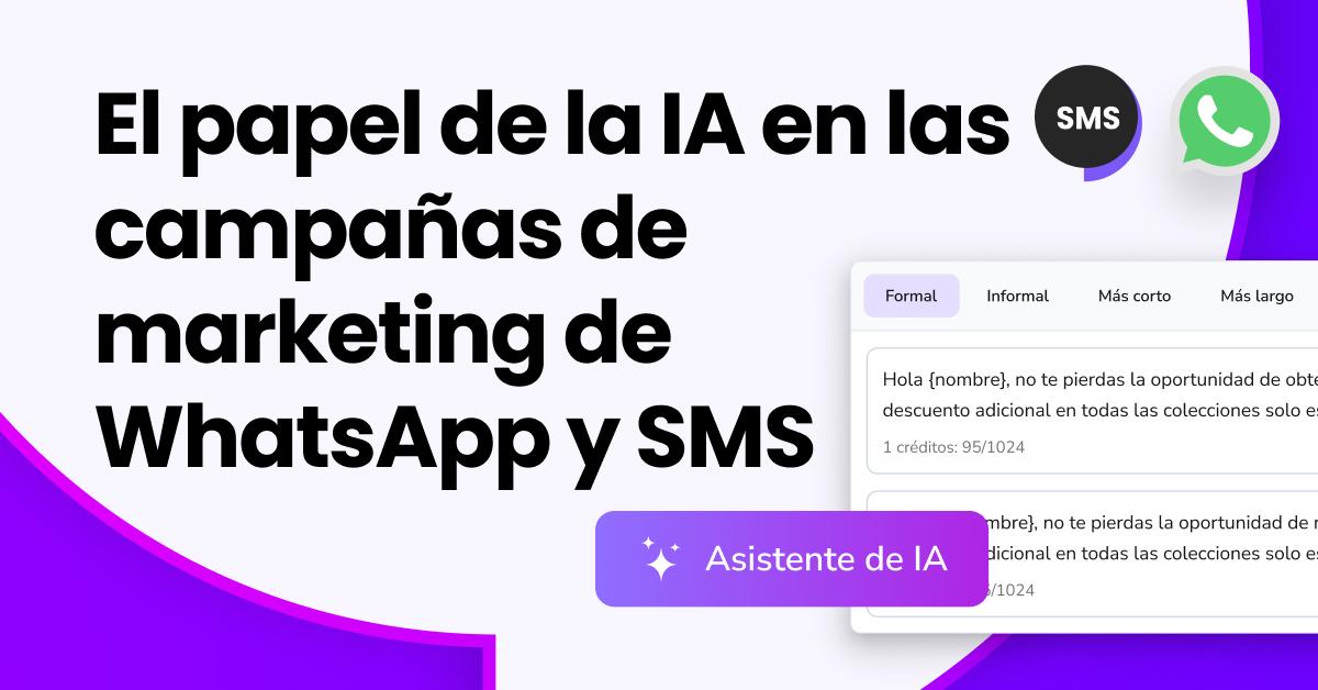  Ilustración de un robot bajo el título “Cómo la IA puede mejorar sus campañas de marketing por WhatsApp y SMS”, que representa el uso de la IA para el marketing por SMS y WhatsApp.