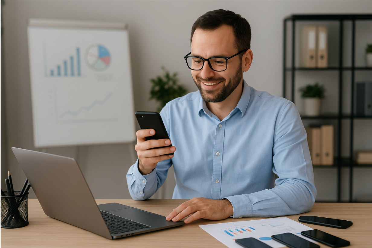 Marketer working at his desk on the laptop while holding a cellphone in his hand