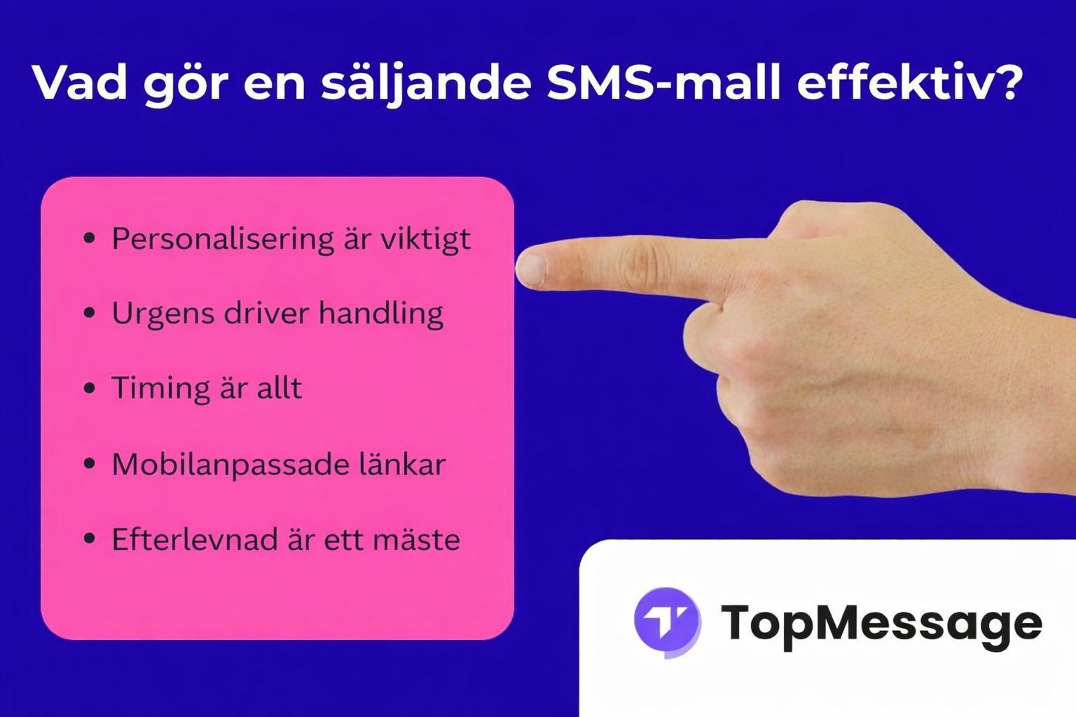 Nyckelelement i en SMS-säljmall som konverterar, visade som punkter bredvid pekande hand och TopMessage-logotyp