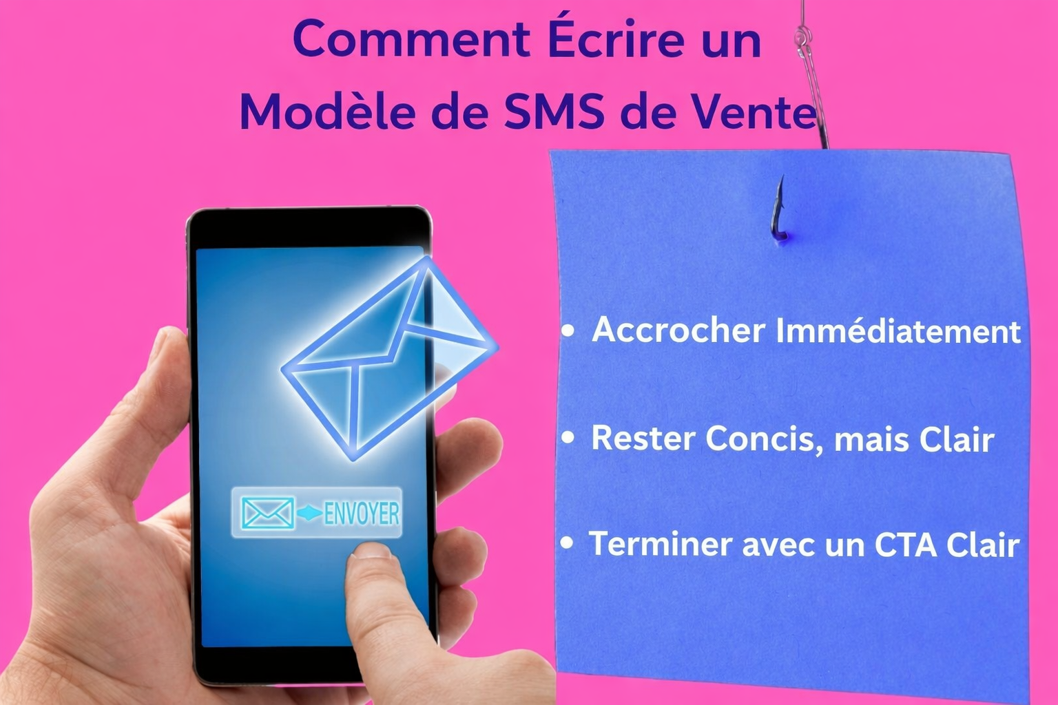 Étapes de rédaction d'un modèle de SMS commercial (illustrées sur mobile et bloc-notes)