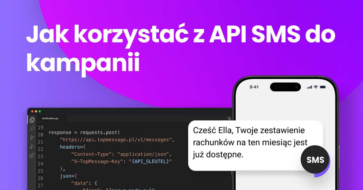 Ilustracja przedstawiająca wyłaniający się z koperty tekst SMS z żarówką, przedstawiająca sposób wykorzystania interfejsu API SMS do realizacji pomysłów marketingowych
