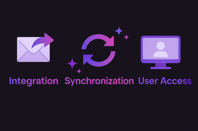 Illustration showing how unified messaging works in 3 stages, including integration, synchronization, and user access