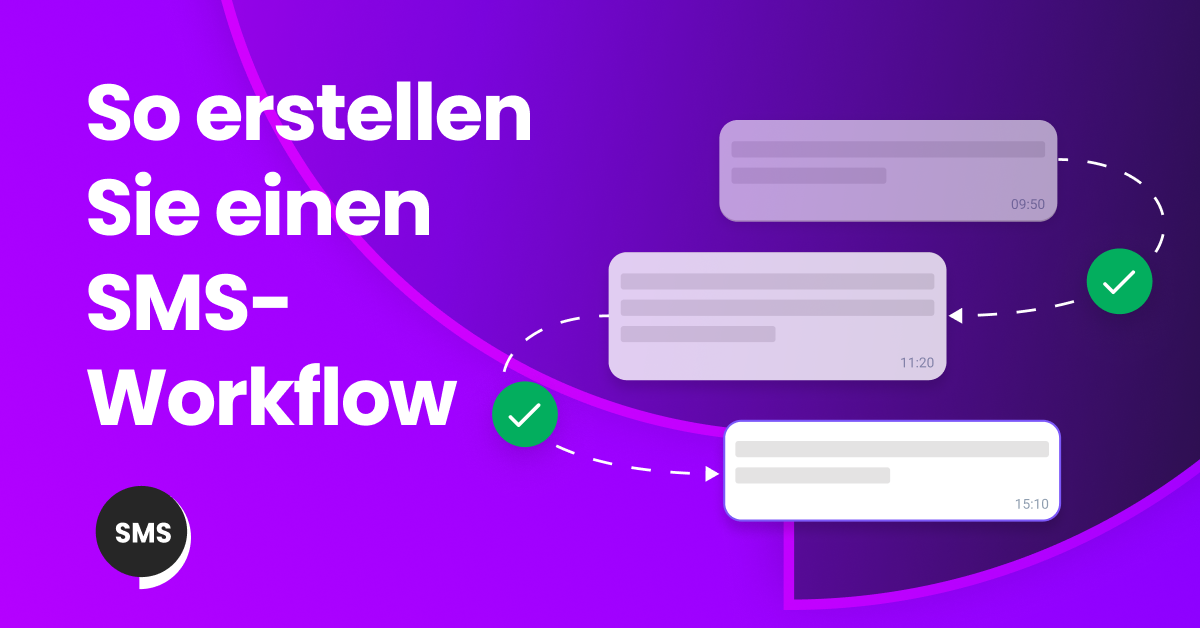 Abbildung einer Frau, die mit einem Laptop und einem Telefon einen SMS-Workflow mit Symbolen für Nachrichten, Diagramme und Automatisierung einrichtet