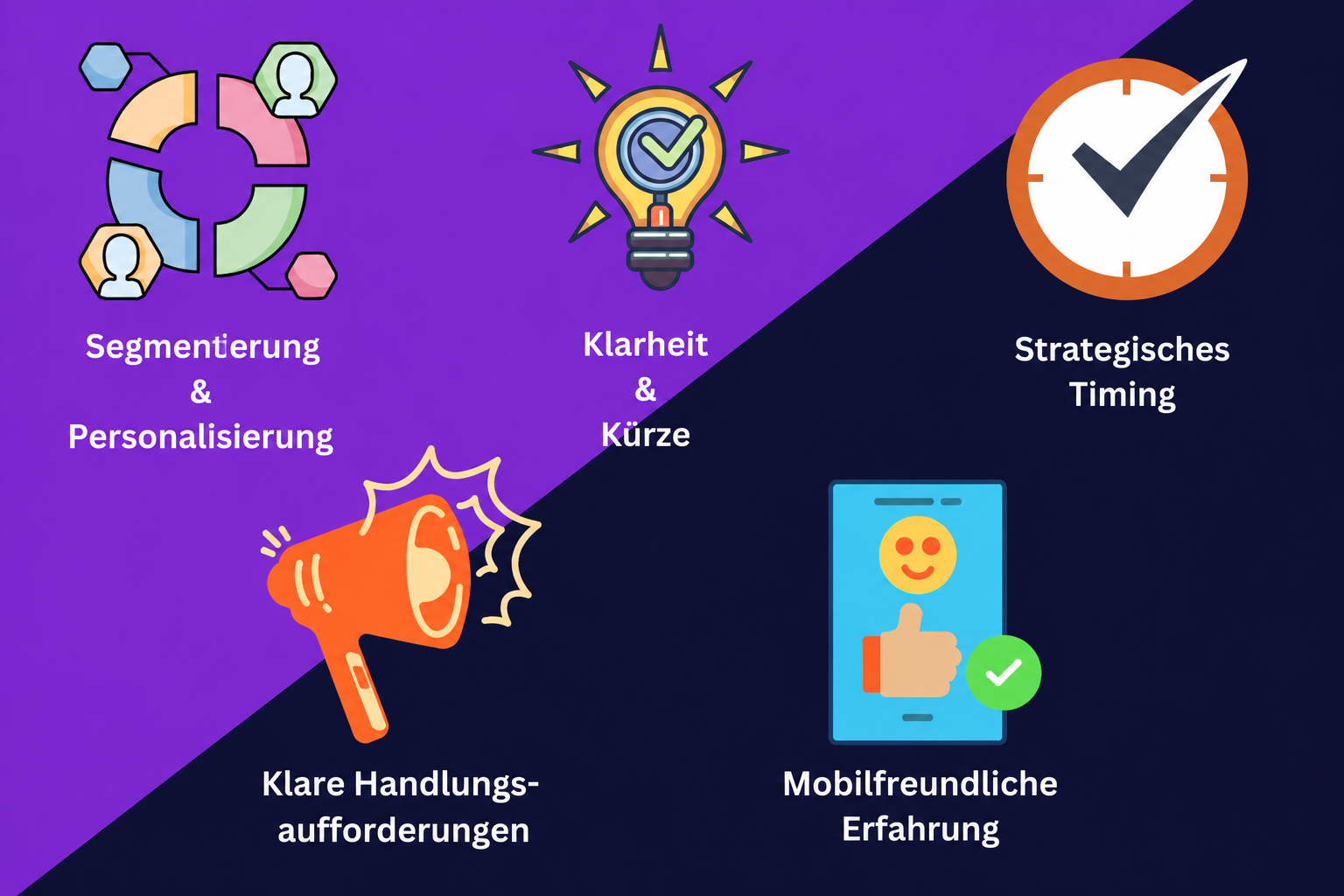 Eine Grafik, die 5 Schlüsselansätze für eine erfolgreiche SMS-Drip-Kampagne aufzeigt: Segmentierung und Personalisierung, Klarheit und Kürze, strategisches Timing, klare Handlungsaufforderungen und mobile Benutzerfreundlichkeit.