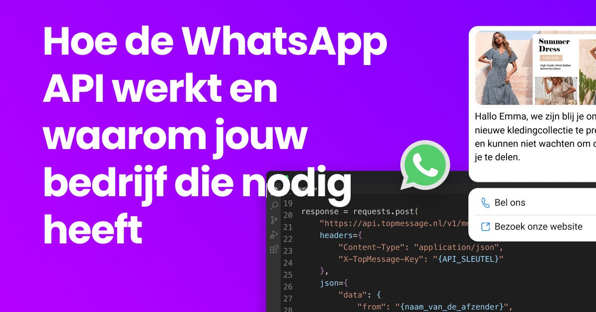 Visuele weergave van WhatsApp API-integratie voor bedrijven, met een API-element en een telefoon met WhatsApp open