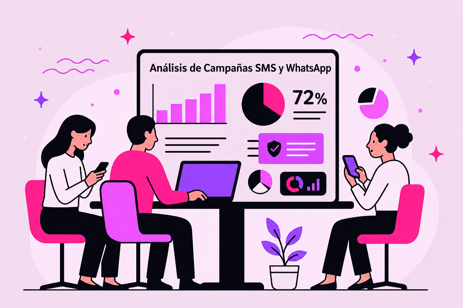 Imagen de un equipo de personas en la oficina trabajando y mirando el panel de control gigante con estadísticas y métricas.