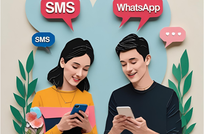 Eine Frau und ein Mann schauen sich die Textnachrichten auf ihren Mobiltelefonen an