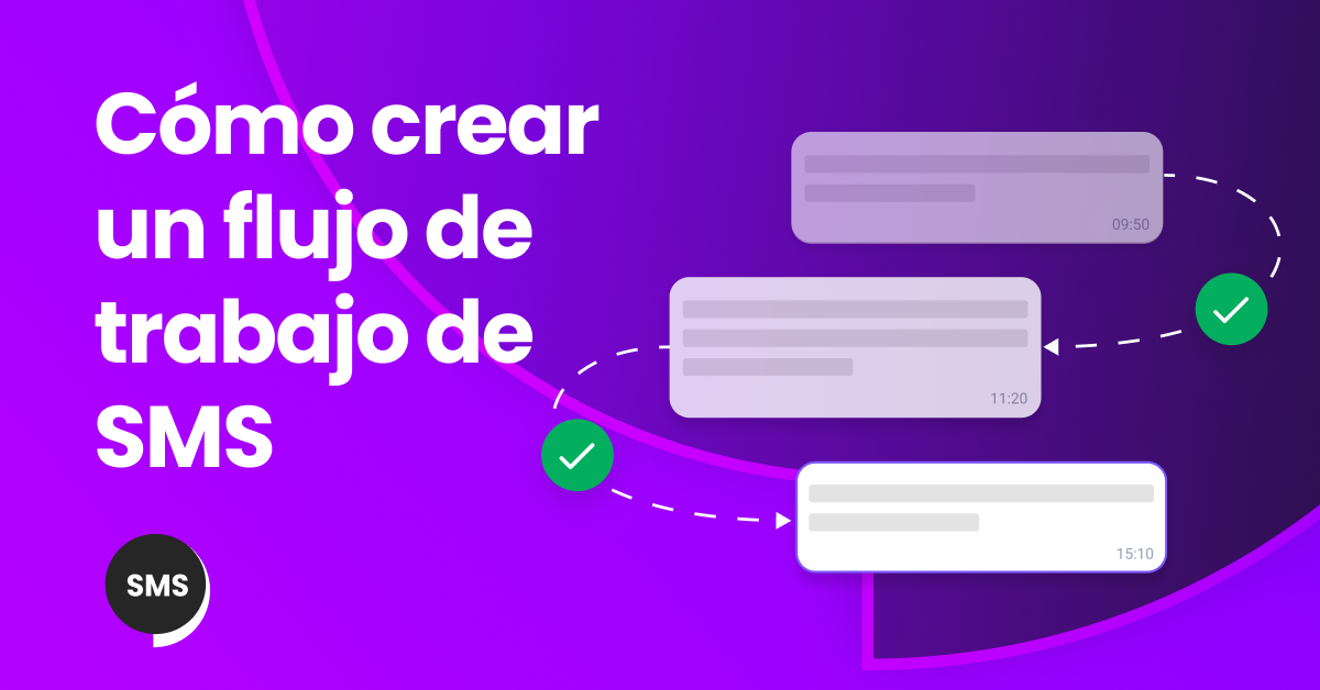 Ilustración de una mujer que usa una computadora portátil y un teléfono para configurar un flujo de trabajo de SMS con íconos para mensajes, gráficos y automatización