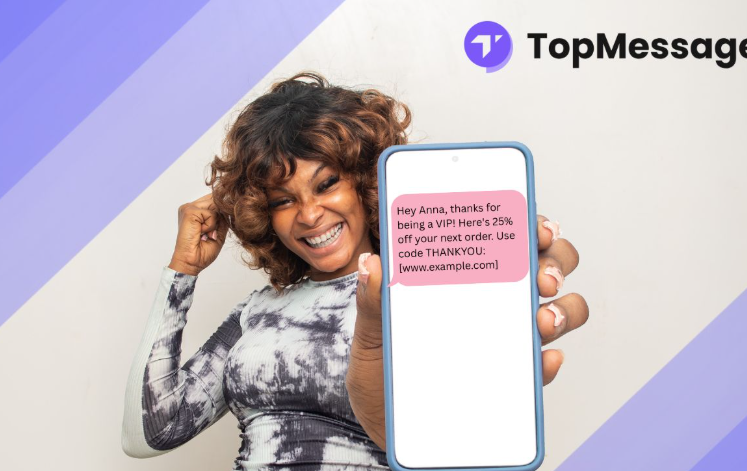 Customer smiling while holding phone with personalized sales SMS template offering a VIP discount