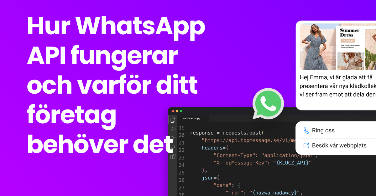 Visuell representation av WhatsApp API-integration för företag som visar ett API-element och en telefon med WhatsApp öppet