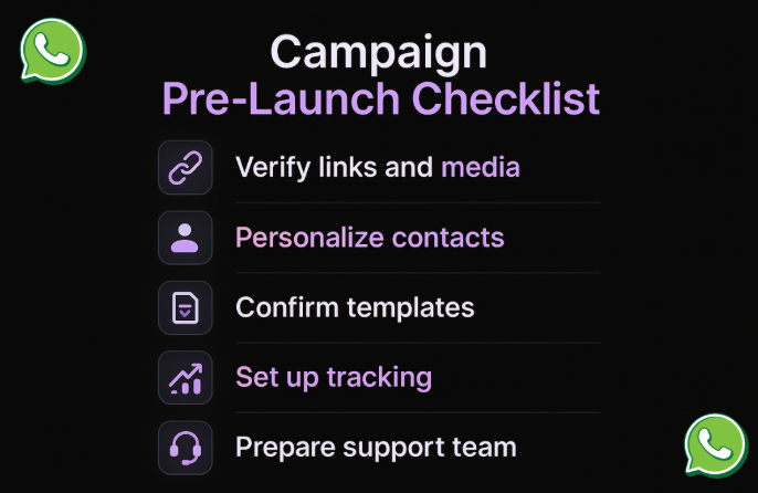 A prelaunch checklist for running a WhatsApp marketing campaign.