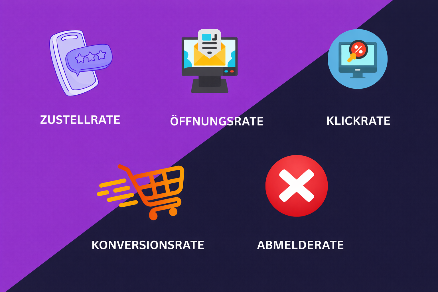 Eine Grafik mit 5 wichtigen Messaging-KPIs: Zustellrate, Öffnungsrate, CTR, Conversion-Rate und Abmelderate. 