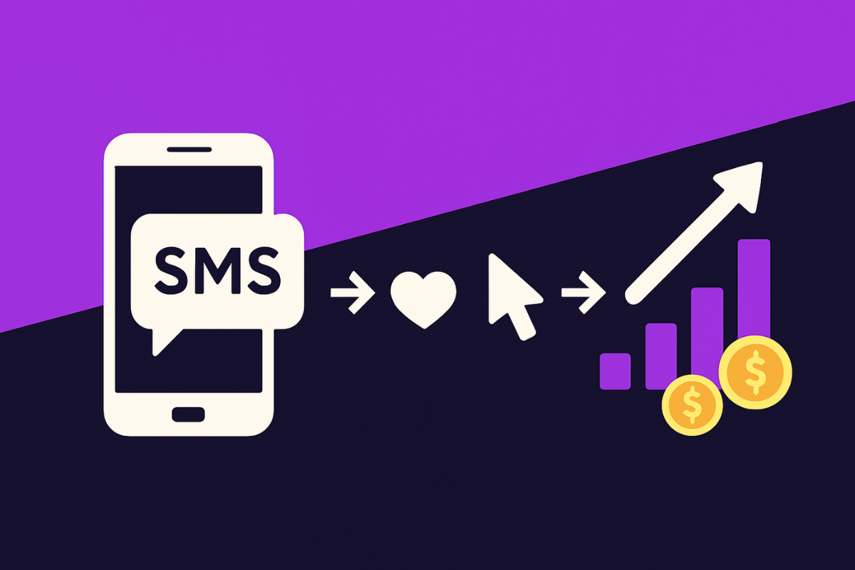 Un elemento visual que contiene SMS, clics y gráficos de crecimiento en orden, que simbolizan un buen retorno de la inversión (ROI) del marketing por SMS.