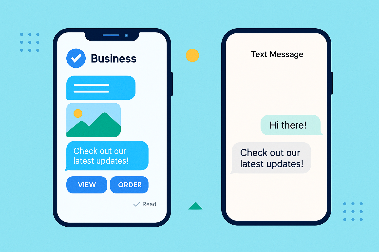 Two smartphones displaying RCS vs SMS comparison with plain text, icons, and images.
