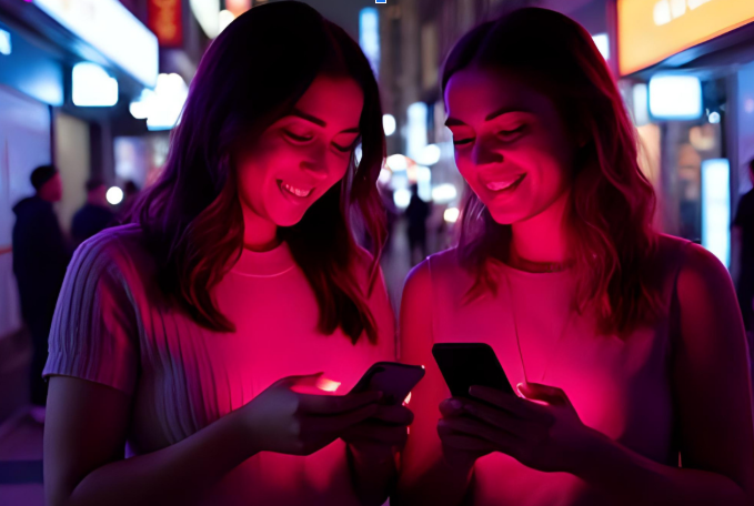 Two friends in public at nighttime, standing next to each other while looking at their cellphones and smiling.