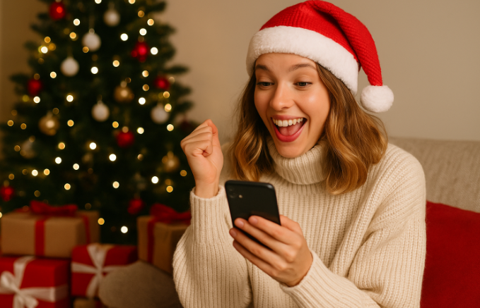 An image of a festive woman during the holidays, reading an SMS on her phone that made her excited.