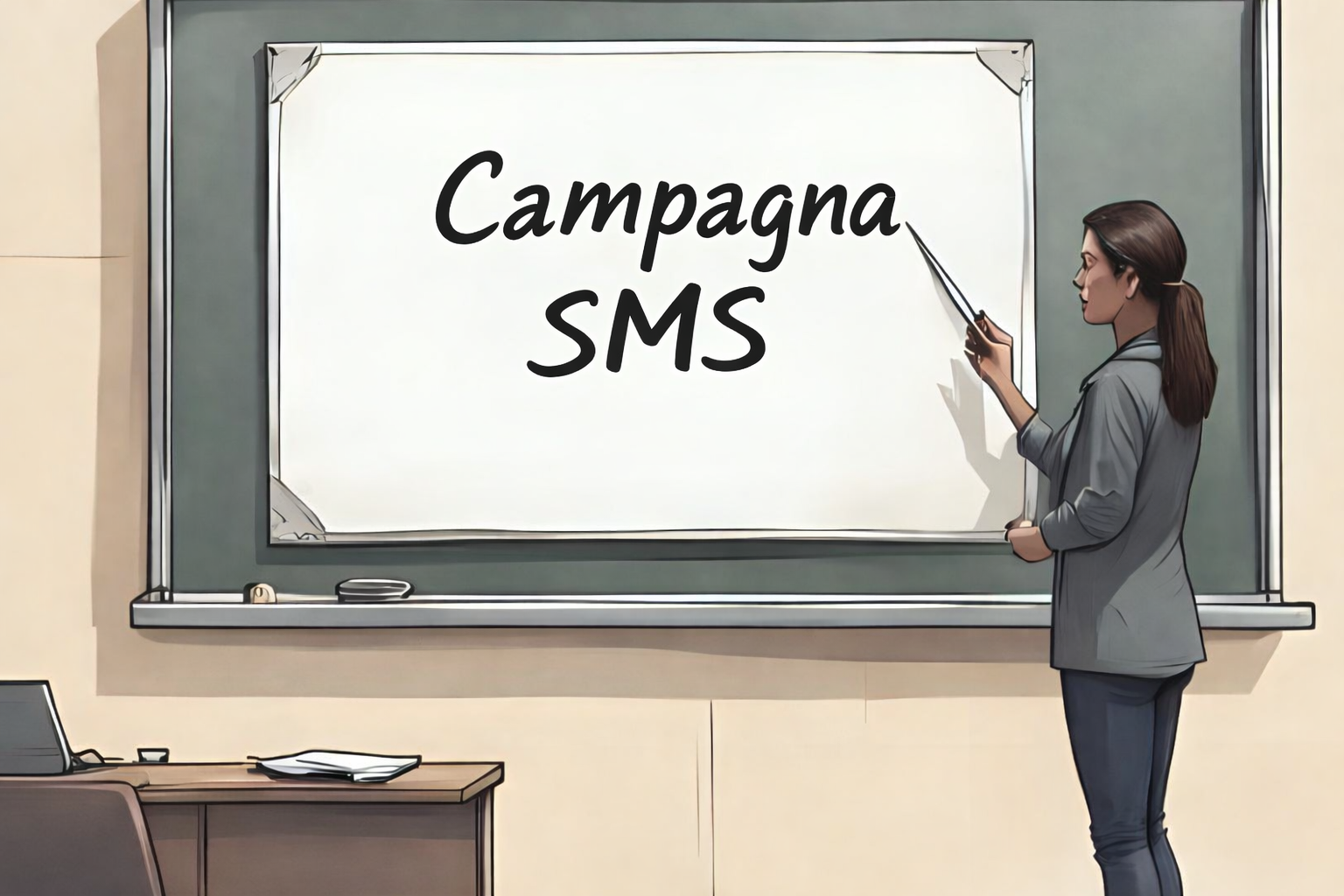 Una donna davanti a un tavolo da disegno con la scritta "Campagna SMS". Sta insegnando come creare correttamente una campagna SMS.