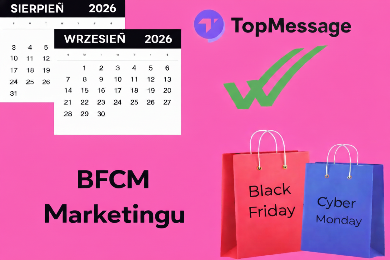 Wizualizacja marketingowa BFCM przedstawiająca kalendarze na sierpień i wrzesień, logo TopMessage oraz torby zakupowe na Black Friday i Cyber Monday.