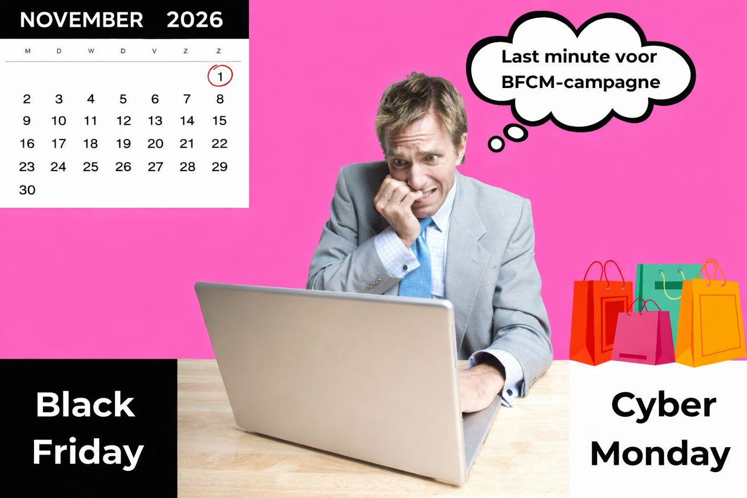 Bezorgde man achter laptop op 1 november, nadenkend over een last-minute marketingcampagne voor Black Friday en Cyber Monday, met boodschappentassen voor Black Friday en Cyber Monday.