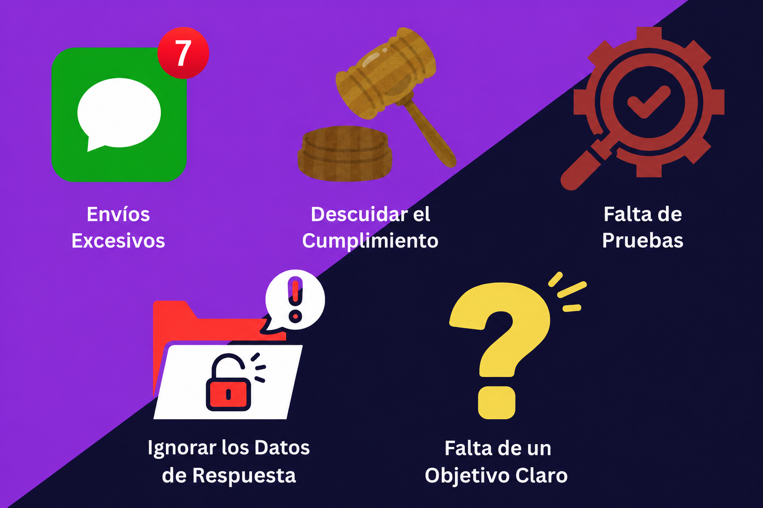 Una imagen que muestra las cosas que se deben evitar en una campaña de SMS automatizada: enviar demasiados mensajes, descuidar el cumplimiento normativo, falta de pruebas, ignorar los datos de respuesta y no tener objetivos claros.