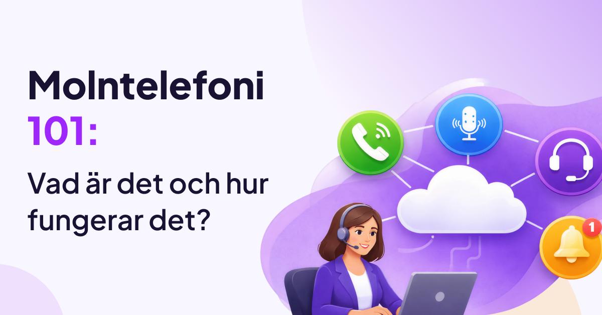 Hur molntelefoni fungerar illustrerat med ikoner för samtal, ljud, headset och aviseringar anslutna till ett centralt moln.