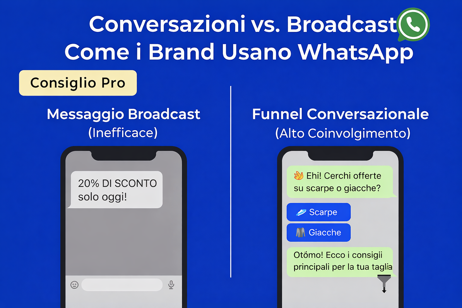 Grafica comparativa che mostra un invio di messaggi WhatsApp inefficace rispetto a un funnel conversazionale ad alto coinvolgimento, evidenziando come le campagne WhatsApp di successo utilizzino flussi di chat.