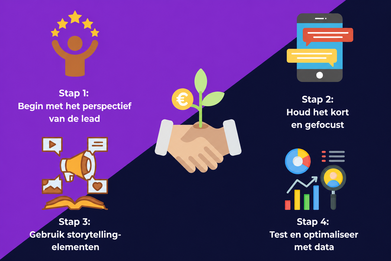 Een visuele weergave van hoe je lead nurturing-berichten schrijft in 4 stappen: Beginnen vanuit het perspectief van de lead; kort en bondig blijven; storytelling-elementen gebruiken; en testen en verfijnen met behulp van statistieken.