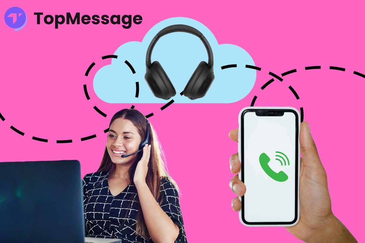 Concetto visivo di come funziona la telefonia cloud, che mostra un operatore dell'assistenza, l'icona di chiamata dello smartphone, una nuvola e una cuffia con il marchio TopMessage.