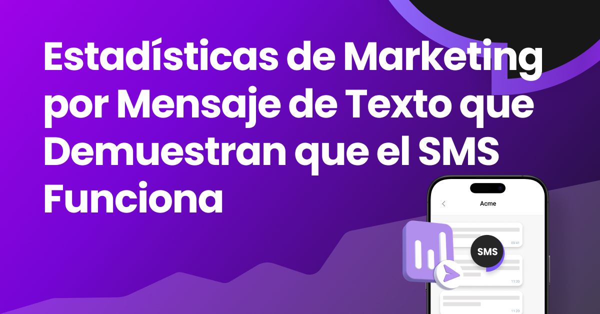 Estadísticas de marketing por SMS que demuestran que funciona – banner con gradiente morado y smartphone mostrando conversaciones SMS e iconos de analítica de marketing, representando las altas tasas de apertura y ROI de las campañas de SMS.
