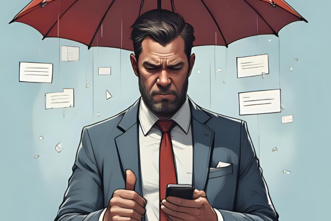 image of a man holding an umbrella to defend himself against the rain of spammy marketing SMS messages that are falling on him