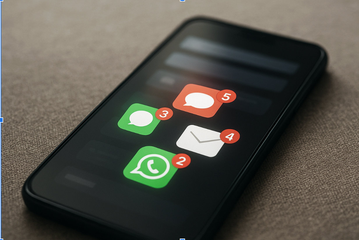 Image of a smartphone’s screen, cluttered with messages and notifications