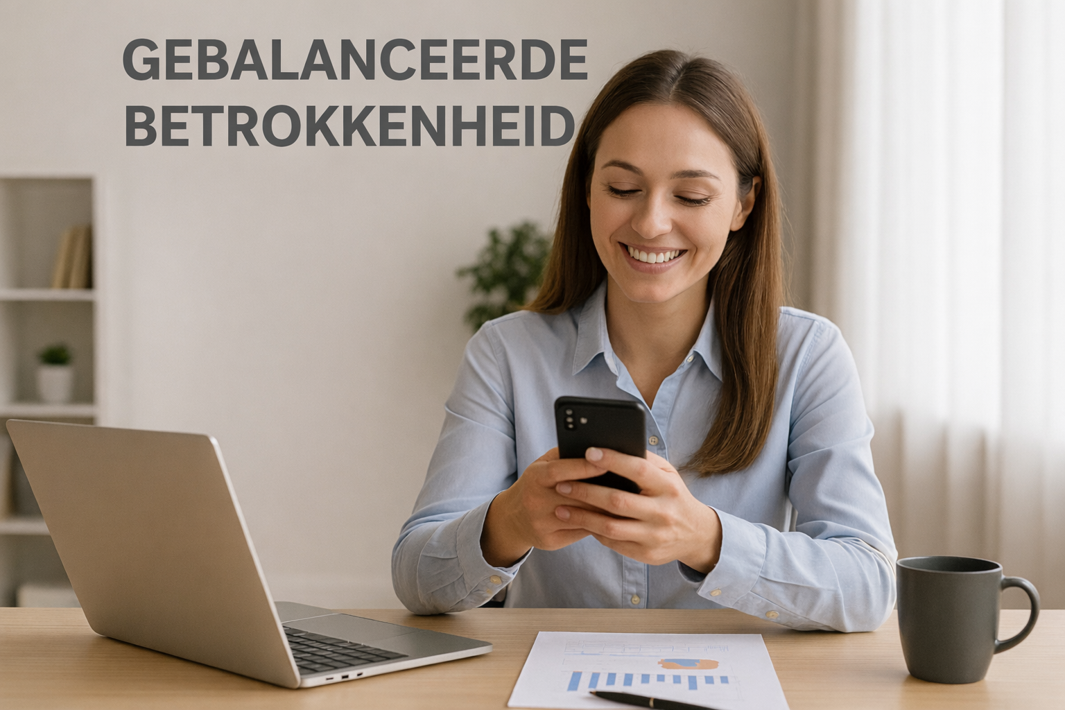Tevreden klant leest glimlachend berichten op zijn telefoon