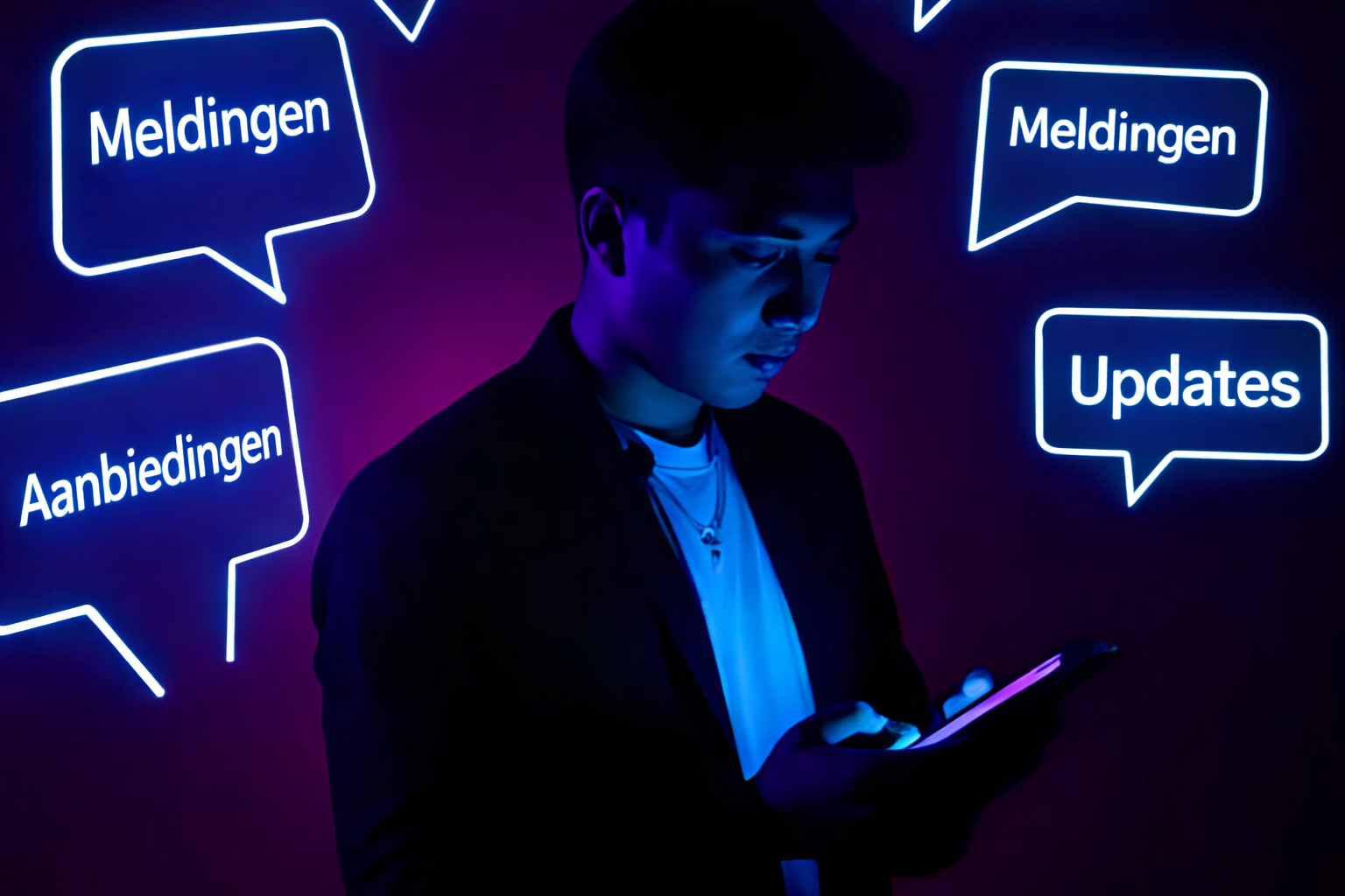 een man die naar zijn mobiele telefoon kijkt en verschillende sms-berichten leest met updates, waarschuwingen en aanbiedingen