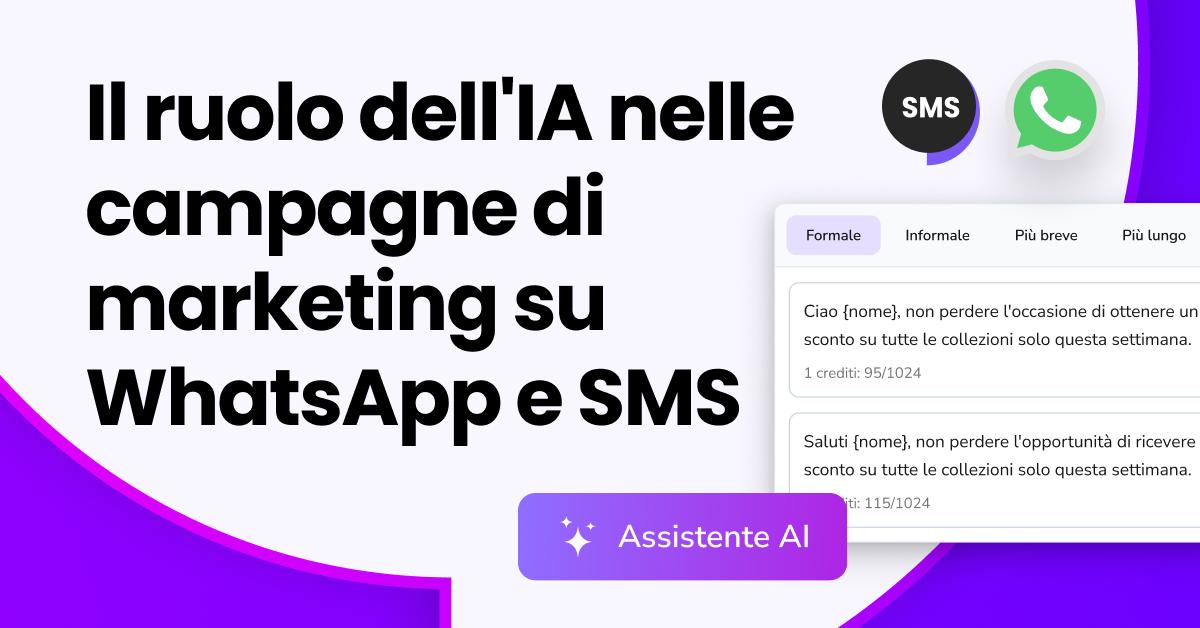  Illustrazione di un robot sotto il titolo "Come l'intelligenza artificiale può migliorare le tue campagne di marketing tramite WhatsApp e SMS", che rappresenta l'uso dell'intelligenza artificiale per il marketing tramite SMS e WhatsApp